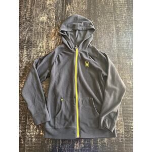 Spyder Full Zip Fleece Hoodie Mens Large Gray Neon Yellow Logo Hooded Jacket